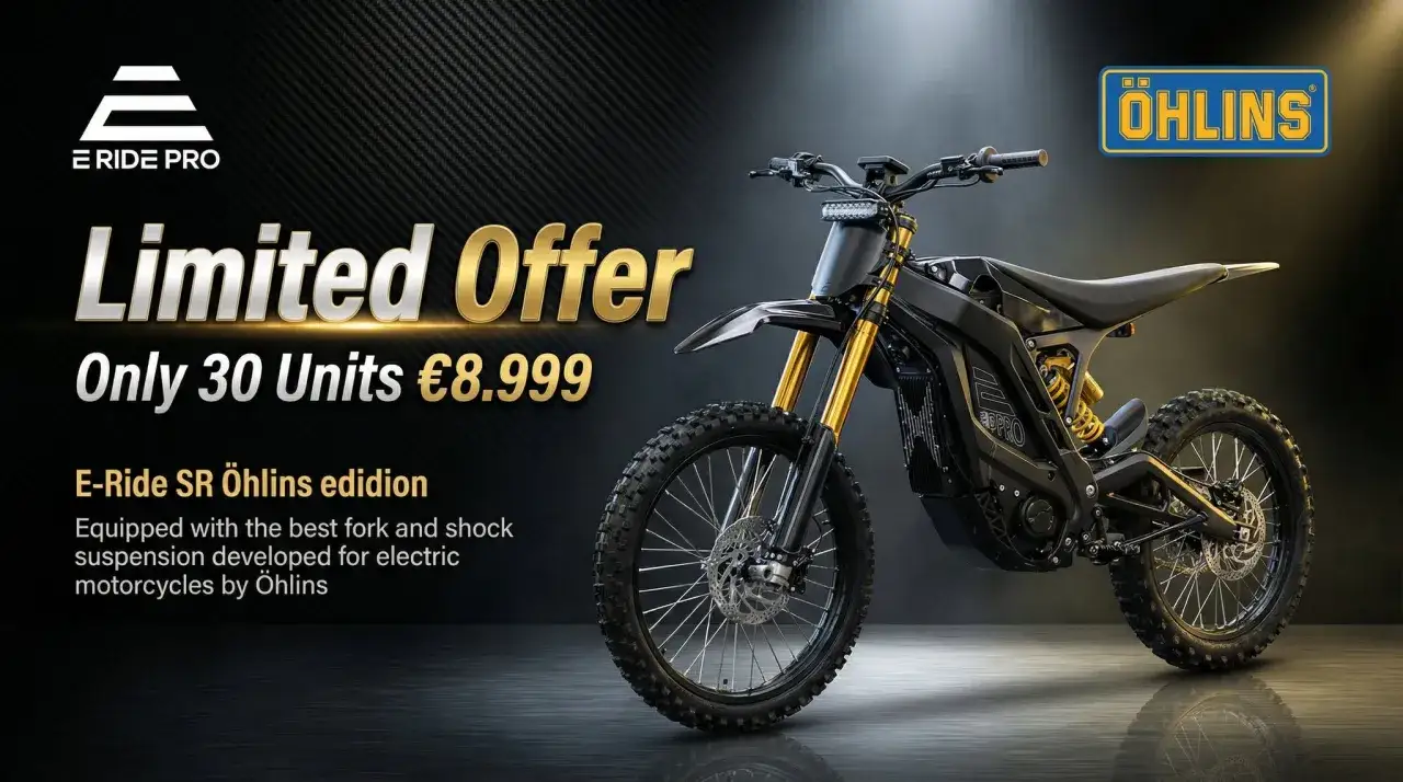 Czarny motocykl E-Ride SR z zawieszeniem Öhlins na tle grafiki z napisem "Limited Offer".