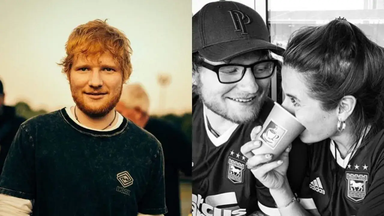 Ed Sheeran, znany z tego, skąd pochodzi, w dwóch ujęciach: z bliska na tle nieba i z partnerką przy kawie.