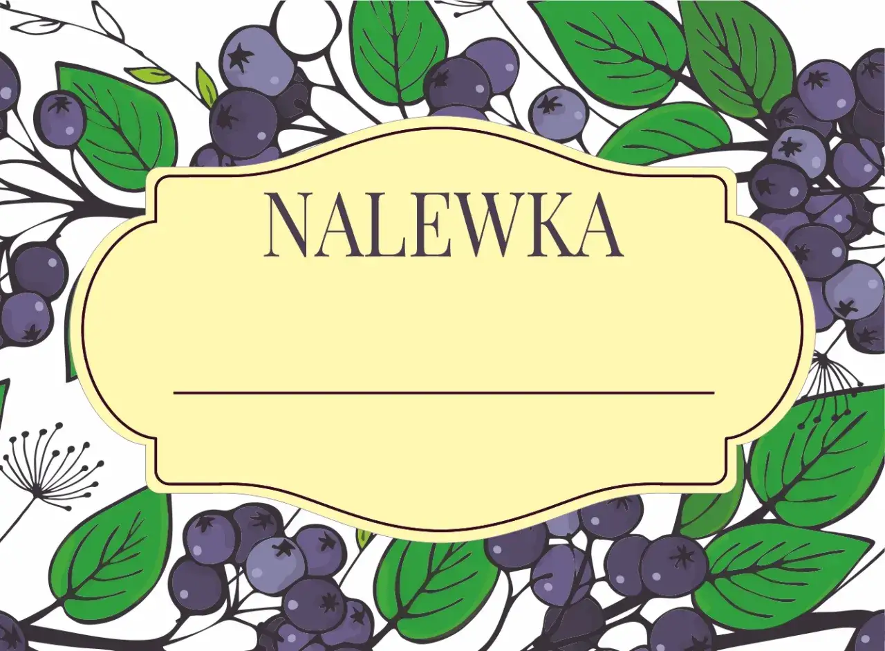 Ilustracja z aronią i liśćmi, z żółtą ramką z napisem "Nalewka".