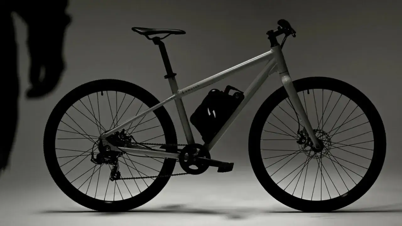 Rower z zamontowanym zestawem do konwersji 5000w. Czarna bateria na ramie, dyskretne logo Swytch.