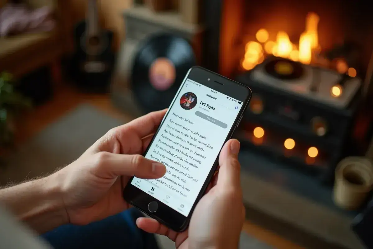 Dłoń trzyma smartfon z wyświetloną aplikacją muzyczną, pokazującą tekst piosenki. To idealny sposób, jak znaleźć piosenkę po fragmencie tekstu, siedząc przy kominku.