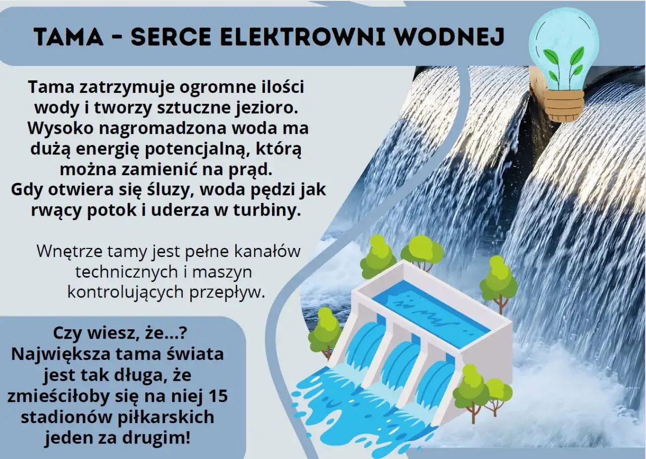 Ilustracja przedstawia tamę z wodą spływającą kaskadami i żarówkę z liśćmi.