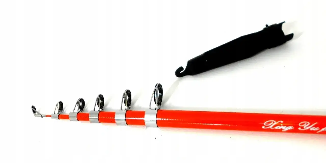 Pomarańczowa wędka teleskopowa na spławik z czarnym uchwytem. Idealna na ryby!