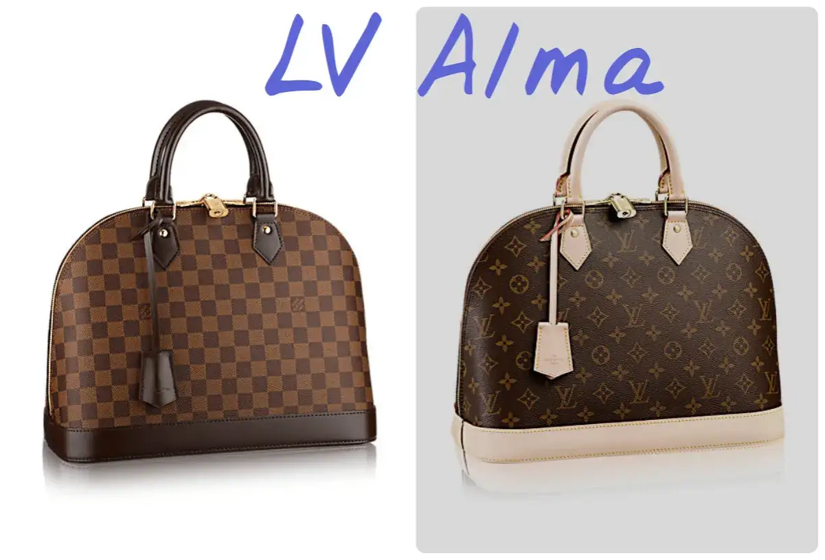 Dwie torebki Louis Vuitton Alma: jedna w kratę Damier Ebene, druga z monogramem.