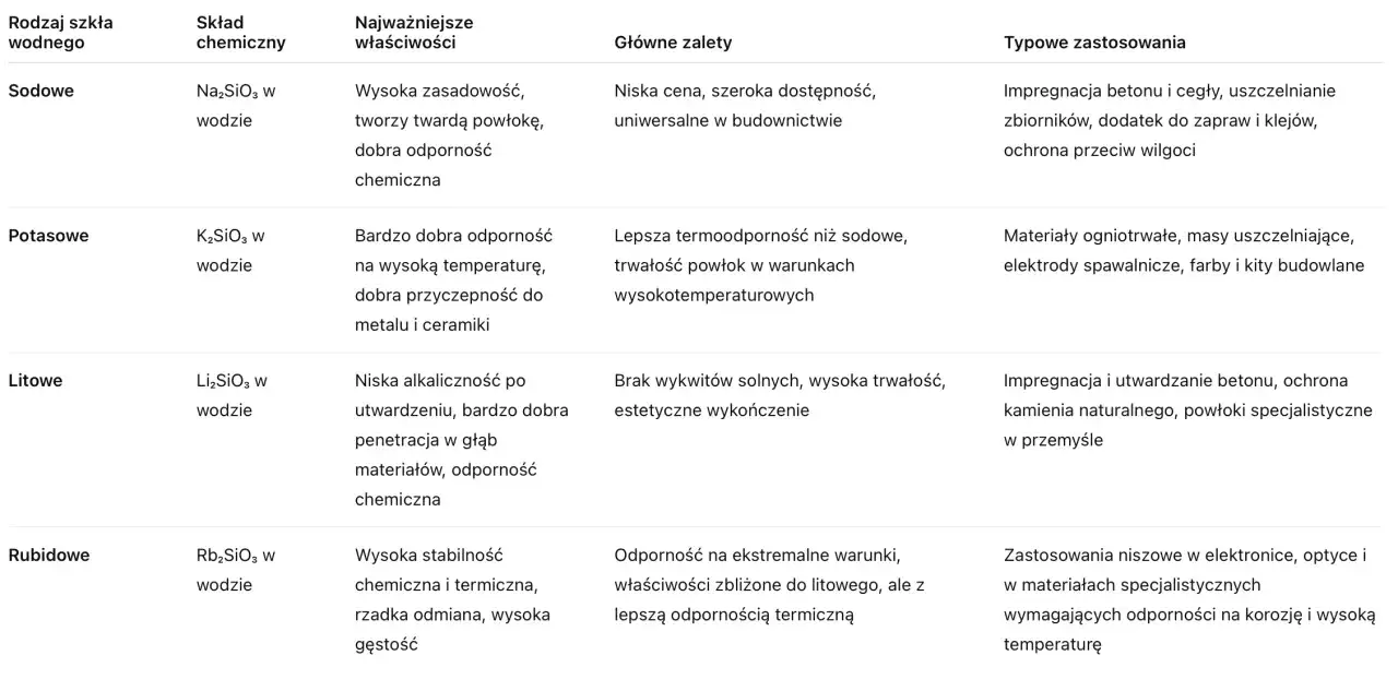 Tabela porównująca rodzaje szkła wodnego: sodowe, potasowe, litowe i rubidowe, ich skład, właściwości i zastosowania. Szkło wodne jako grunt znajduje zastosowanie w impregnacji betonu i cegły.
