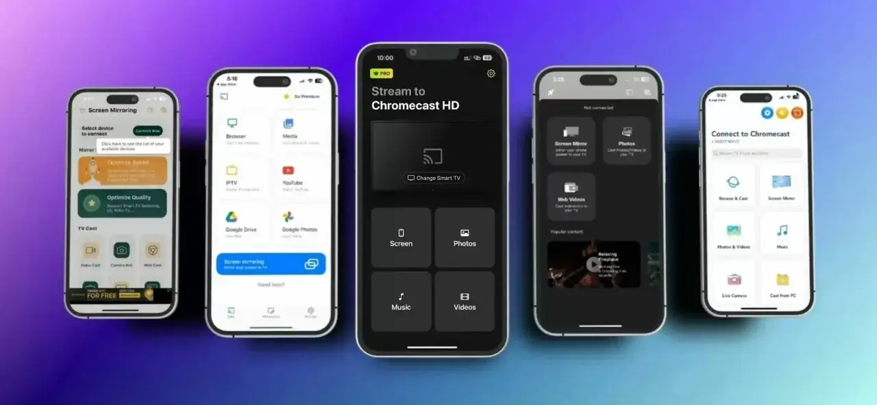 Aplikacje na iPhone'a ułatwiające klonowanie ekranu. Widzimy opcje takie jak Screen Mirroring, Stream to Chromecast HD i Connect to Chromecast.