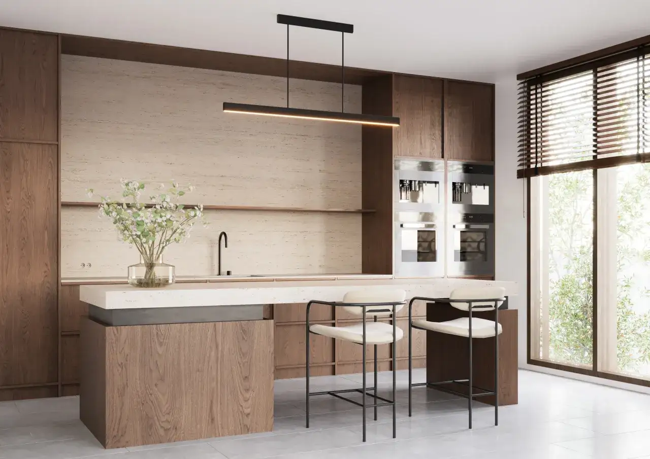 Minimalistyczna lampa nad wyspę loft, oświetlająca nowoczesną kuchnię z drewnianymi frontami i kamiennym blatem.