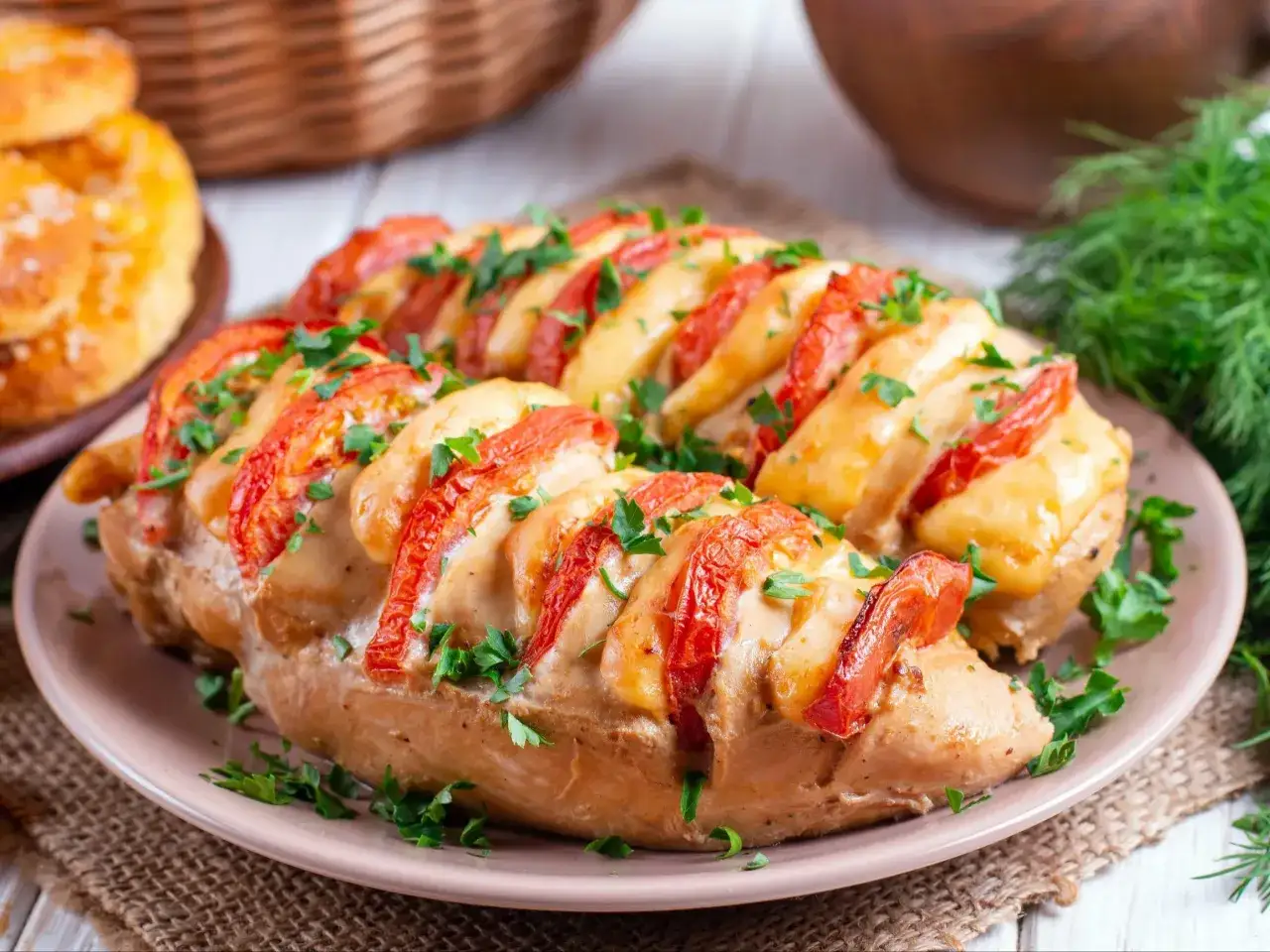 Pyszny pomysł, co zrobić z fileta z kurczaka na obiad: pieczony filet z kurczaka z pomidorami i serem, posypany natką pietruszki.