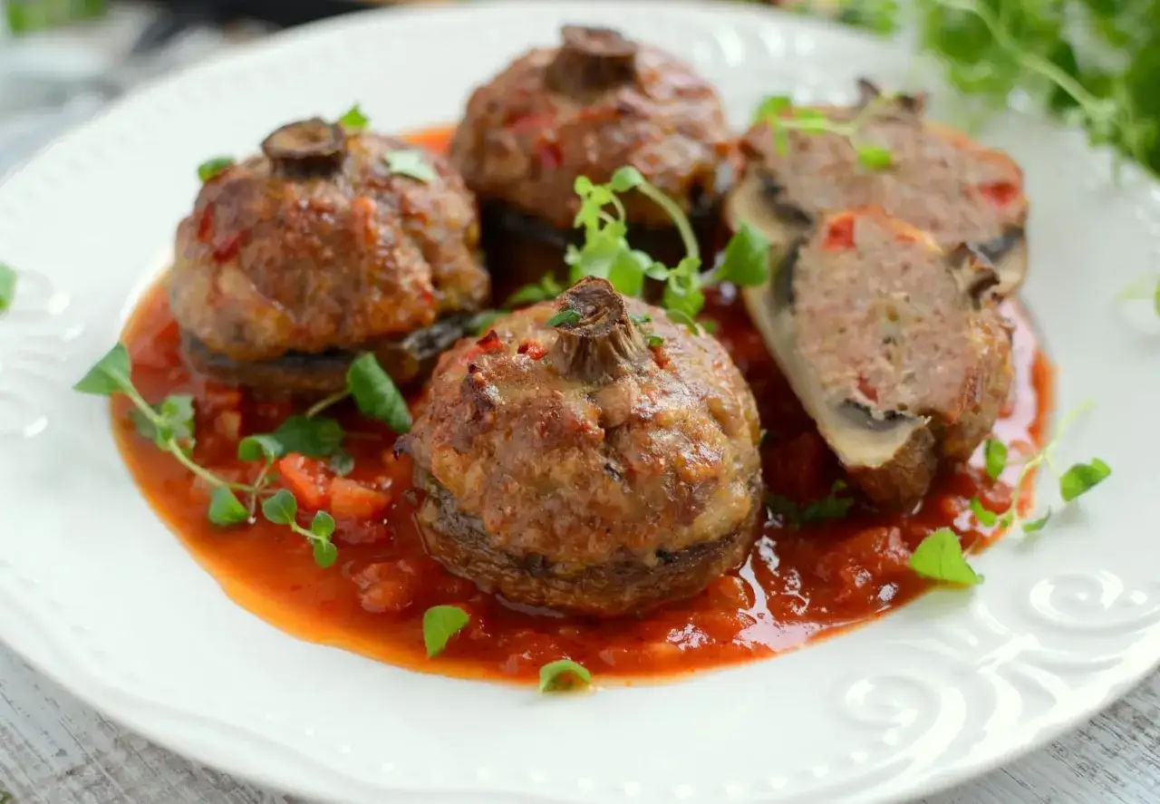 Pieczarki nadziewane mięsem mielonym, zapiekane w sosie pomidorowym, udekorowane świeżymi ziołami. Pyszne danie gotowe do podania.