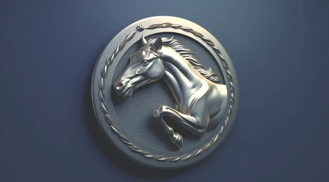 Srebrna odznaka z wizerunkiem konia w ruchu, na granatowym tle.