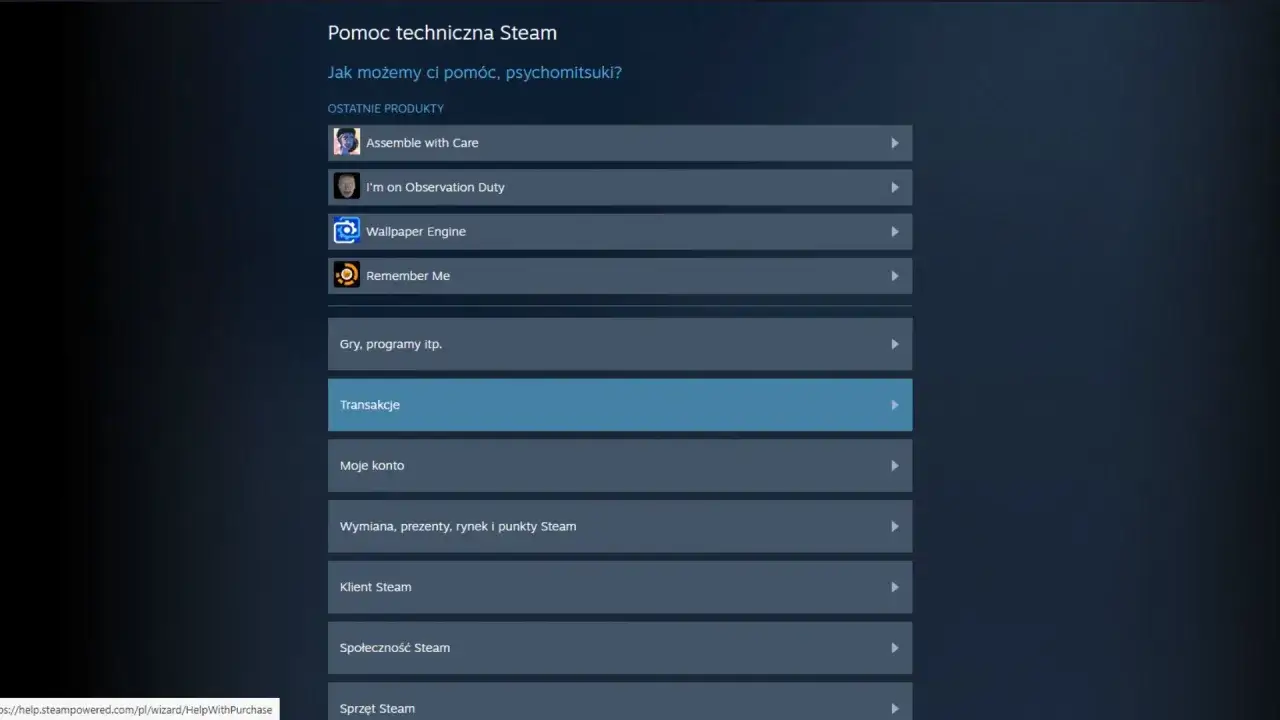 Ekran pomocy technicznej Steam z podświetloną opcją "Transakcje".