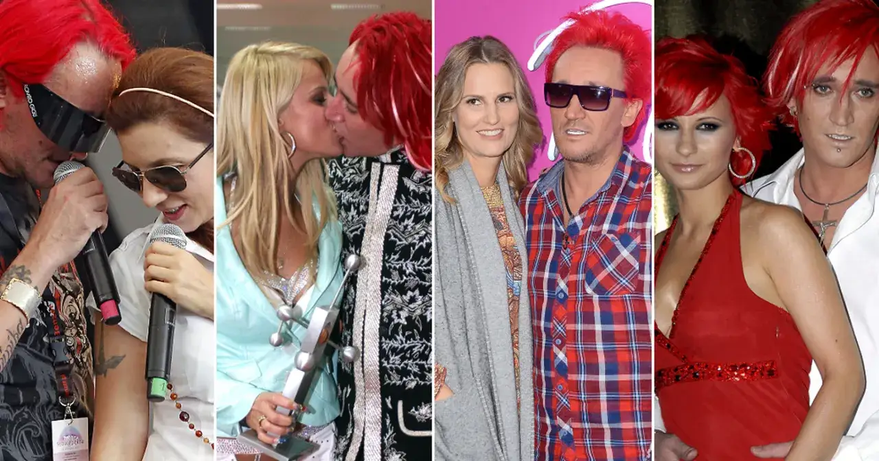 Michał Wiśniewski z żonami na różnych galach. Widać jego charakterystyczne czerwone włosy i styl.