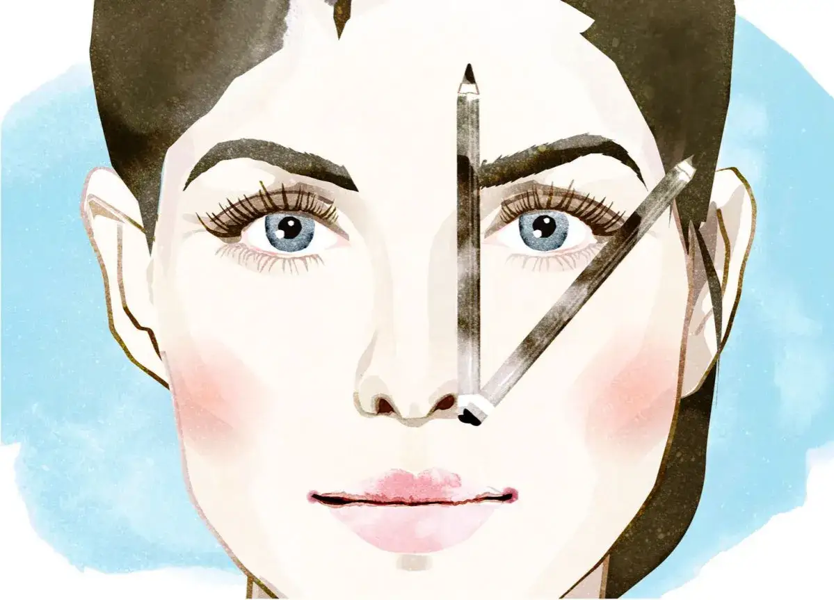 Illustration einer Frau mit blauen Augen und drei Bleistiften im Gesicht, die auf Augenbrauen und Nase zeigen.