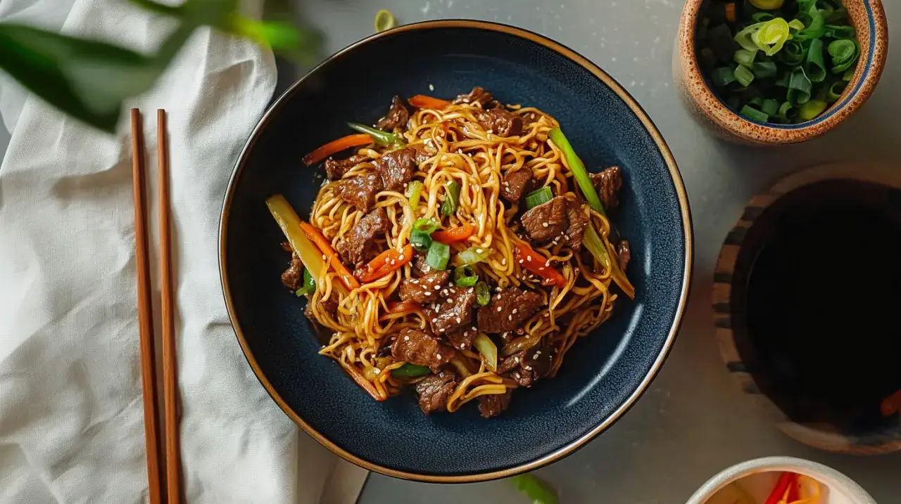 Makaron chow mein z wołowiną i warzywami w misce, obok pałeczek i sosu sojowego.