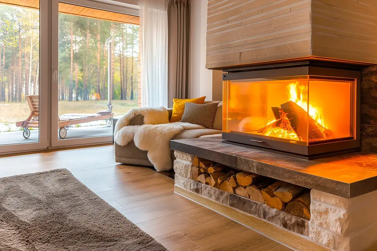 Nowoczesny kominek z paleniskiem i widokiem na las. Ciepłe, kamienne płytki wokół kominka tworzą przytulną atmosferę.
