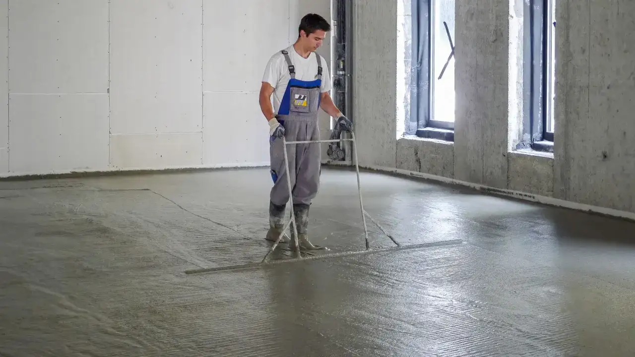 Pracownik wyrównuje świeżą wylewkę betonową na styropianie, dbając o jej minimalną grubość.