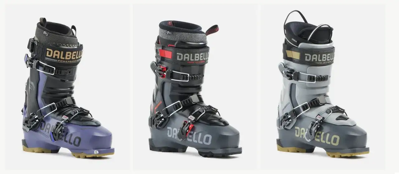 Trzy buty narciarskie Dalbello w różnych kolorach: fioletowy, ciemnoszary i jasnoszary.
