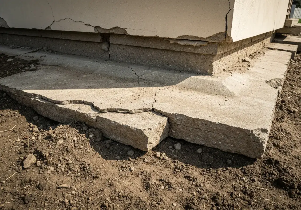 Popękane betonowe fundamenty domu, widoczne uszkodzenia i nierówności.