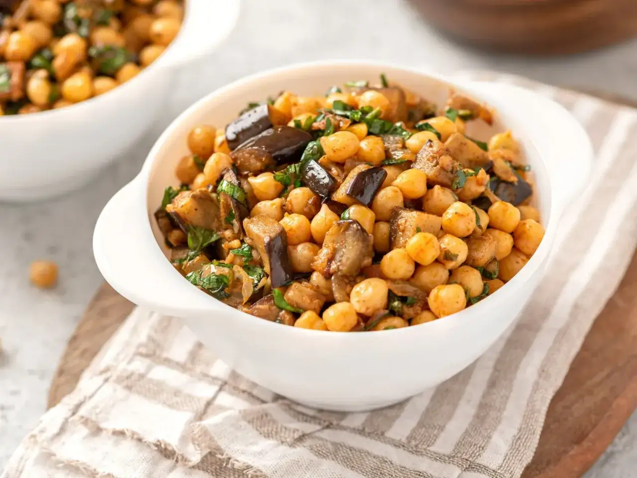 Pyszne danie z ugotowanej ciecierzycy z bakłażanem i ziołami. Idealne, gdy zastanawiasz się, co zrobić z ugotowanej ciecierzycy.