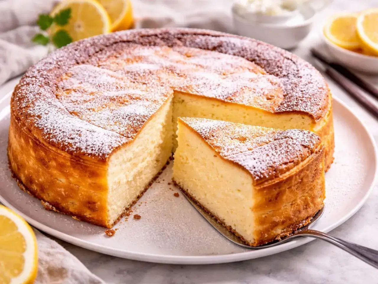 Idealny sernik wiedeński który zawsze się udaje, lekko oprószony cukrem pudrem, z cytryną w tle.