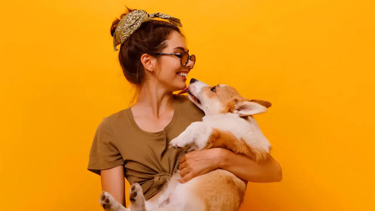 Uśmiechnięta dziewczyna z pieskiem corgi. Szukasz imiona dla psa na B? Może Borys albo Bąbel?