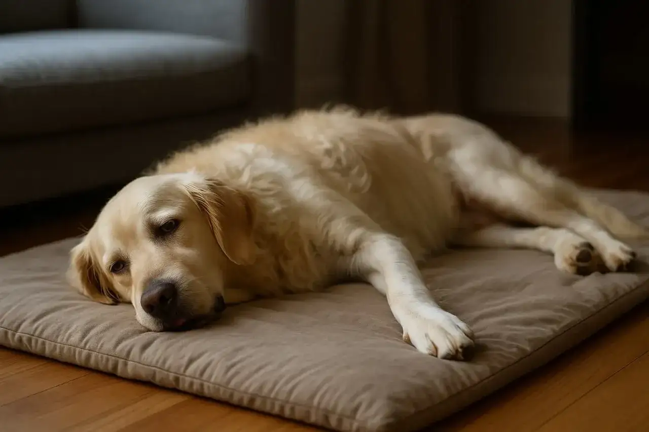 Złoty retriever leży na poduszce, wyglądając na osłabionego.