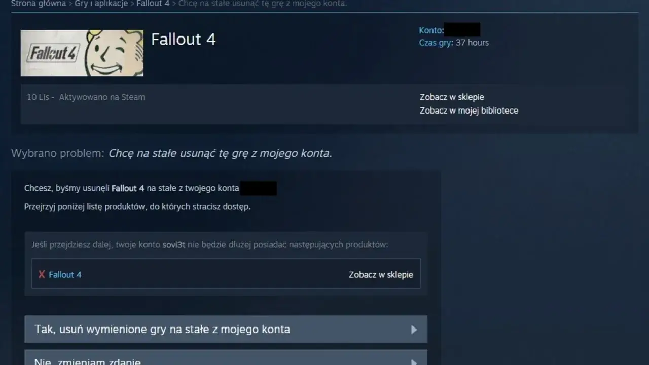 Logo gry Fallout 4 i interfejs Steam z opcją usunięcia gry z konta.