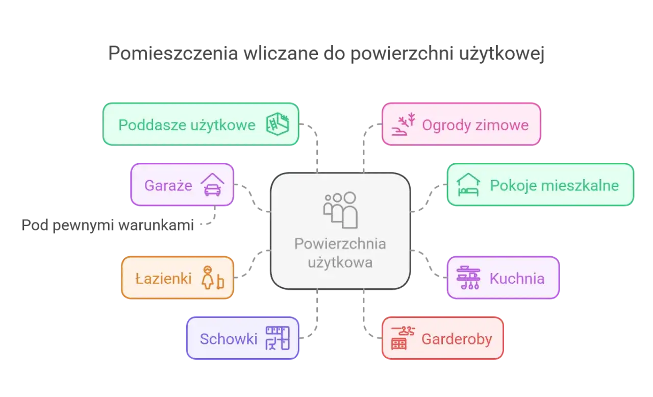 Diagram pokazuje, które pomieszczenia wliczają się do powierzchni użytkowej. Czy garaż wlicza się do powierzchni użytkowej? Tak, pod pewnymi warunkami.
