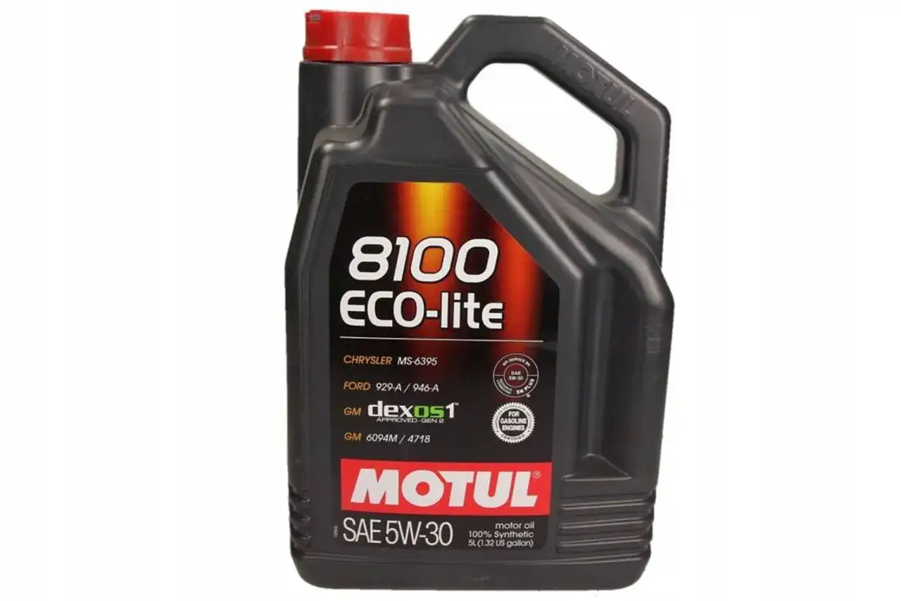 Czarna bańka oleju silnikowego Motul 8100 ECO-lite SAE 5W-30 z czerwonym korkiem.