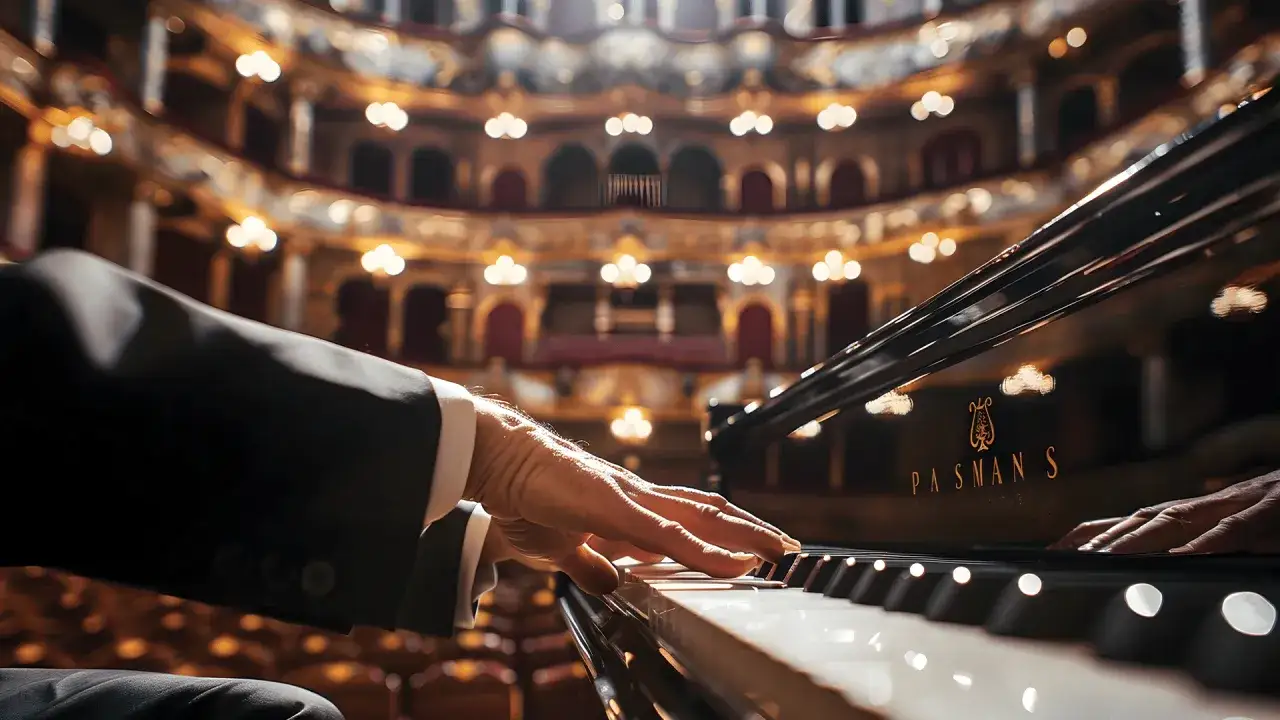 Dłonie muzyka grające na fortepianie w sali koncertowej. Marzenie o karierze w szkołach musicalowych Warszawa zaczyna się od takich chwil.