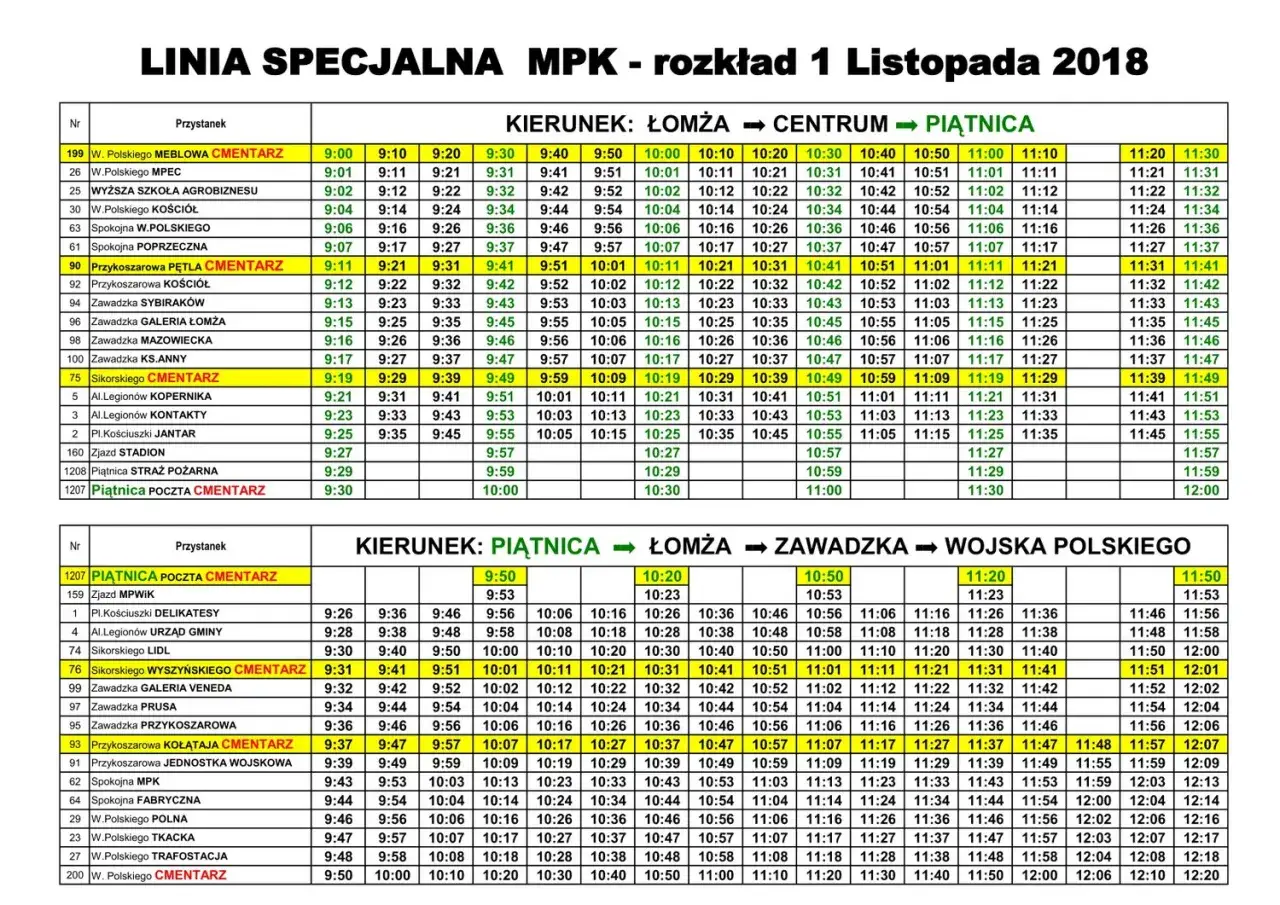 Rozkład jazdy dworca Łomża: linia specjalna MPK Łomża – Centrum – Piątnica oraz Piątnica – Łomża – Zawadzka – Wojsko Polskie.