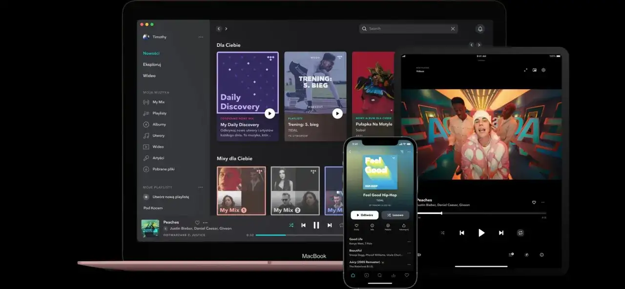 Ekran laptopa, tabletu i telefonu z interfejsem aplikacji Tidal.