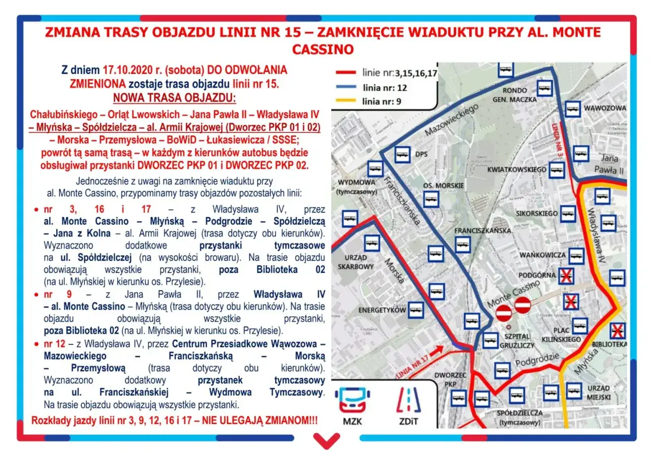 Zmiana tras linii MZK Koszalin nr 15, 9, 12, 16, 17 z powodu zamknięcia wiaduktu przy al. Monte Cassino. Rozkład jazdy objazdów.