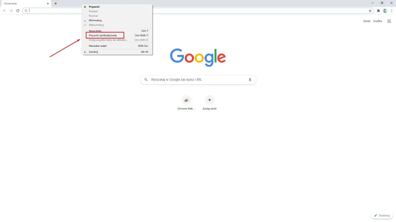 Menu przeglądarki pokazuje, jak przywrócić zamknięte karty. Kliknij "Przywróć zamkniętą kartę" lub użyj skrótu Ctrl+Shift+T.
