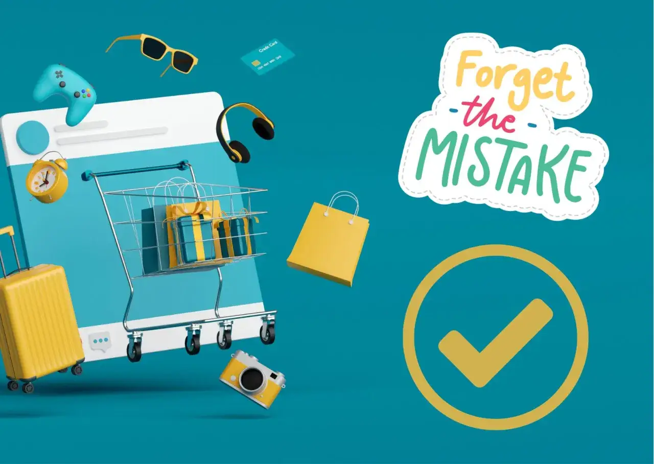 Wózek sklepowy z prezentami, walizka, aparat, okulary, słuchawki, karta kredytowa i tekst "Forget the MISTAKE".