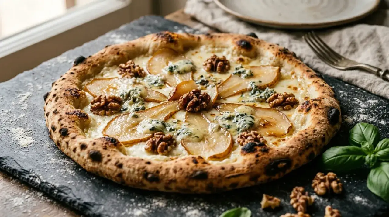 Wykwintna pizza bianca z gruszką, orzechami włoskimi i serem pleśniowym, idealna na wyjątkowy wieczór.