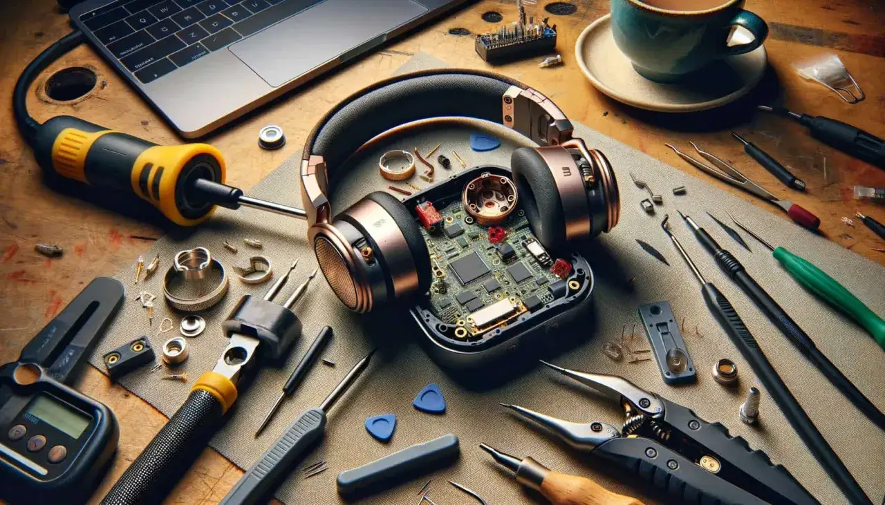 Rozłożone słuchawki bezprzewodowe z płytką drukowaną i narzędziami do naprawy.
