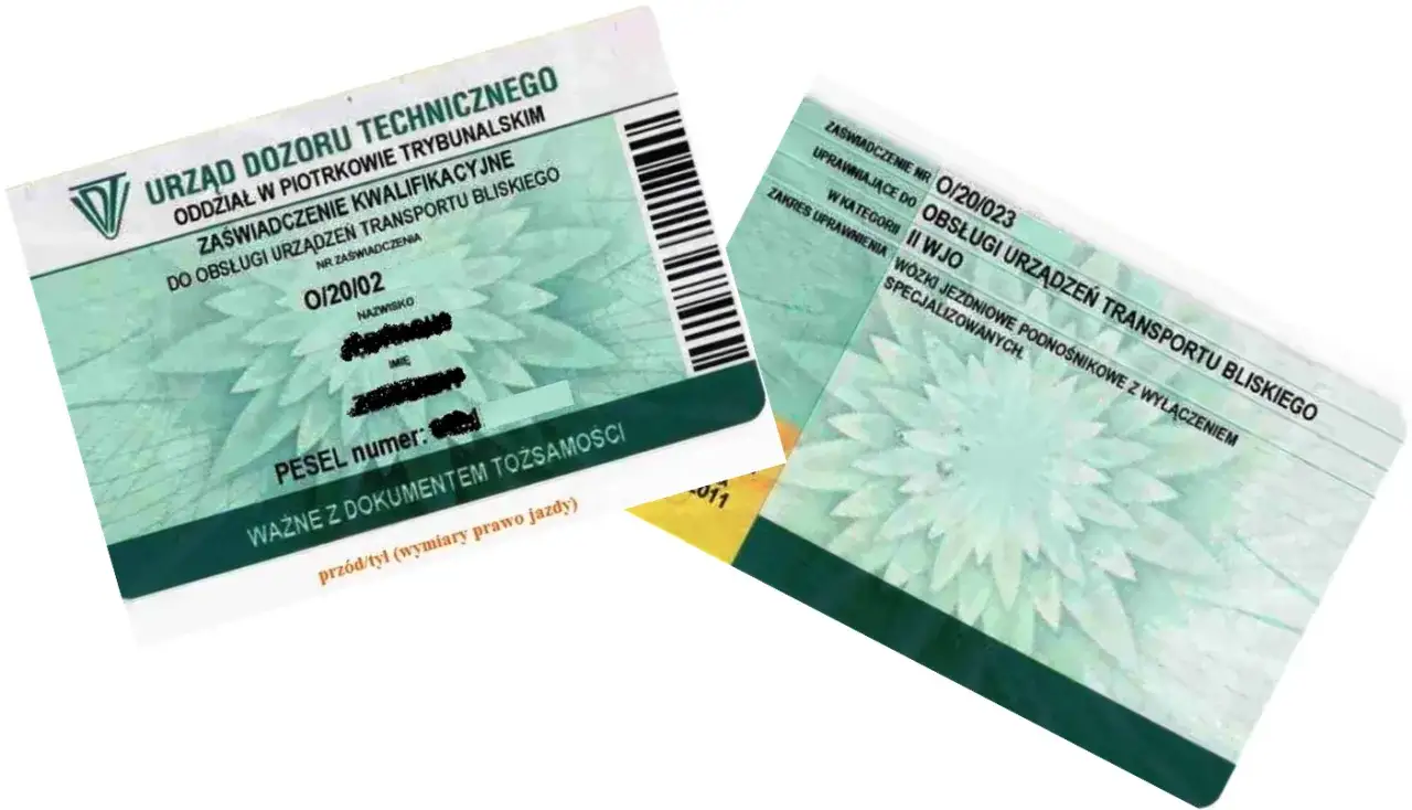 Zaświadczenie kwalifikacyjne do obsługi wózków widłowych. Potwierdza, czy na wózek widłowy trzeba mieć prawo jazdy.