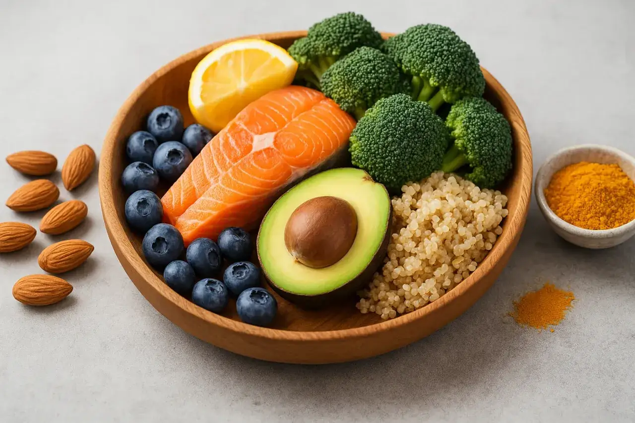 Łosoś, jagody, awokado, brokuły, komosa ryżowa i migdały – składniki idealnej diety pudełkowej przeciwzapalnej.