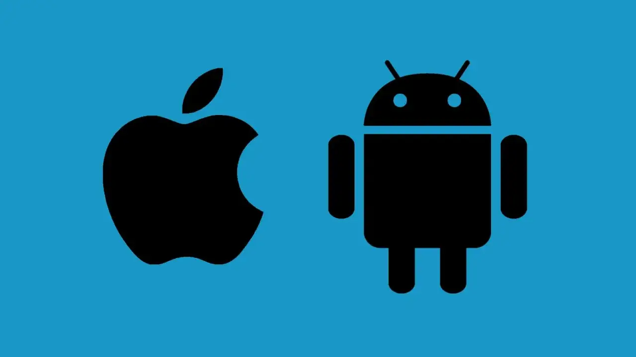 Logo Apple i Android na niebieskim tle. Dowiedz się, jak udostępnić internet przez bluetooth między tymi systemami.