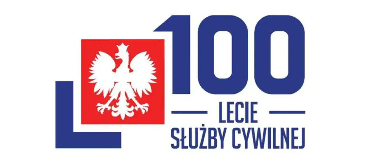 Logo z białym orłem na czerwonym tle, cyfrą 100 i napisem "LECIE SŁUŻBY CYWILNEJ".