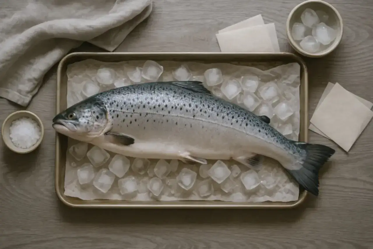 Świeży łosoś na lodzie, przygotowany do przechowywania. Zastanawiasz się, jak długo można mrozić ryby?