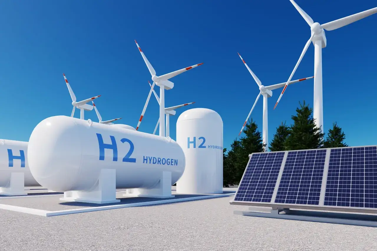 Zbiorniki H2 Hydrogen, panele słoneczne i wiatraki symbolizują przyszłość czystej energii, gdzie energia wodoru odgrywa kluczową rolę.