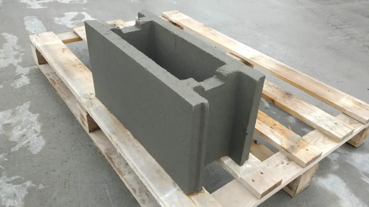 Szary pustak szalunkowy na drewnianej palecie. Wnętrze pustaka jest puste, gotowe na beton.