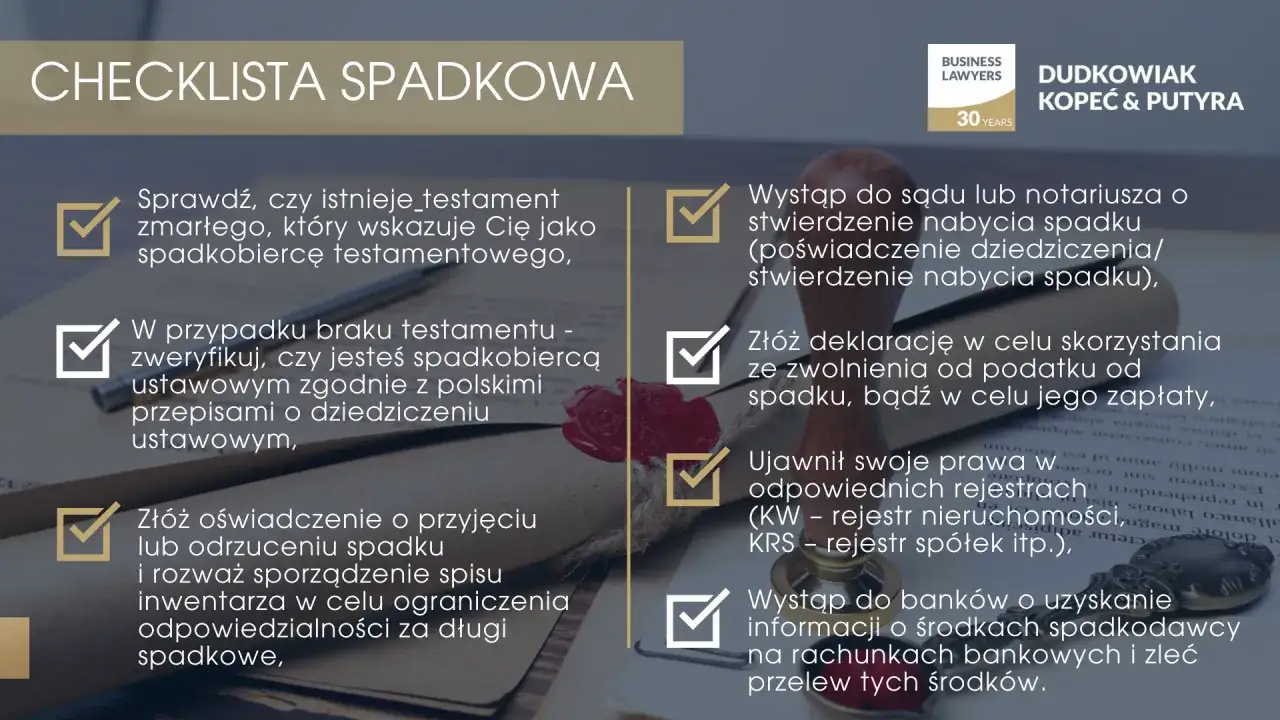 Checklista spadkowa: Sprawdź testament, ustal, kto dziedziczy. W przypadku braku testamentu, zweryfikuj dziedziczenie ustawowe.