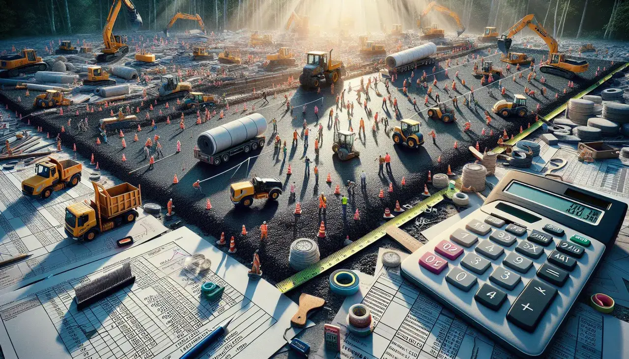 Budowa drogi z maszynami, pracownikami i dokumentacją kosztorysową.