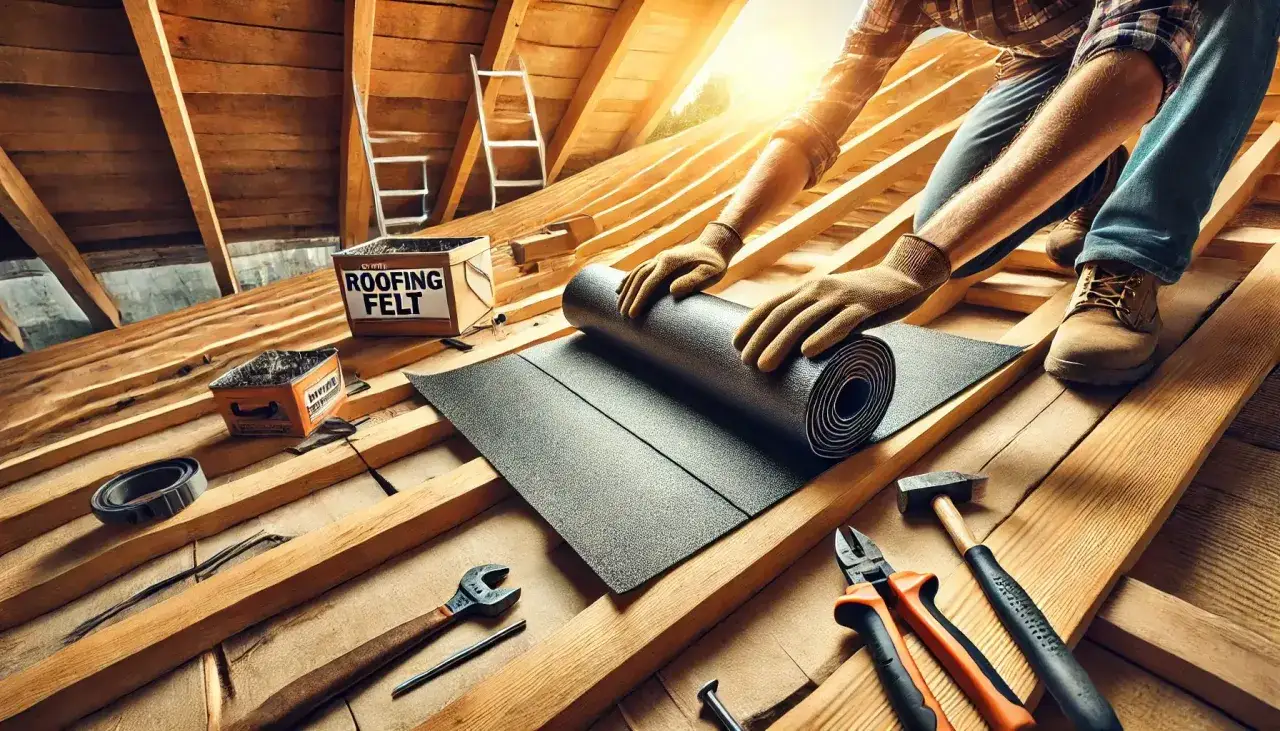 Ręce w rękawiczkach rozwijają papę na dach z desek. W tle skrzynka z napisem "ROOFING FELT" i narzędzia.