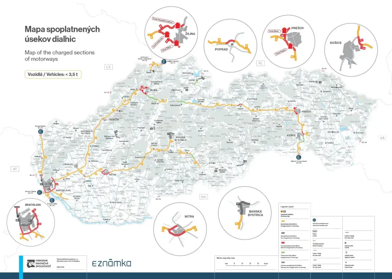 Mapa Słowacji z zaznaczonymi płatnymi odcinkami autostrad. Unikaj mandatu za brak winiety słowacja, sprawdzając trasę.