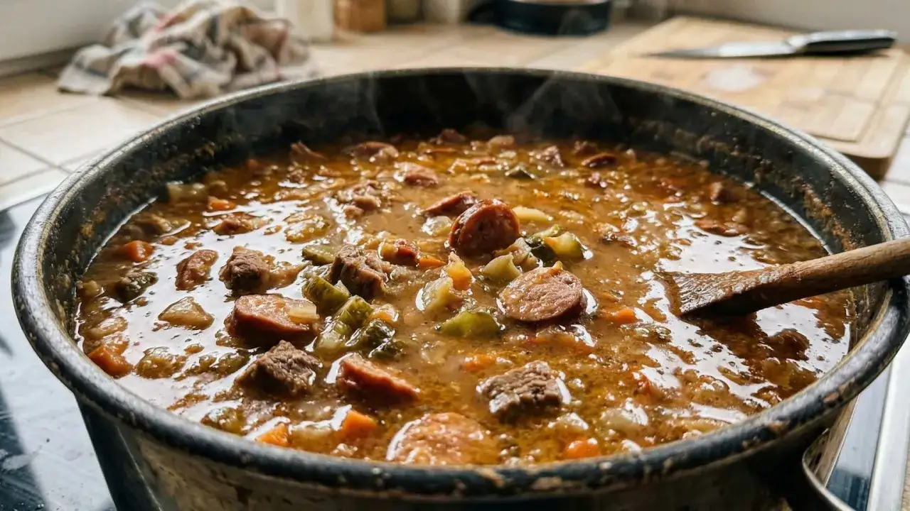 Gęsta zupa z kiełbasą i mięsem, parująca w garnku. Idealna porcja to około 300-400 ml zupy na osobę.
