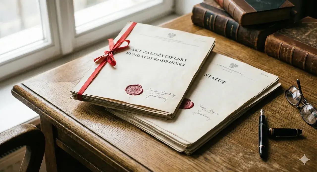 Stos dokumentów z pieczęciami i czerwoną wstążką, pióro, okulary i stare księgi na drewnianym stole.